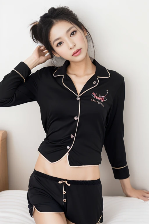 top Quority,Ultra-clear resolution, 29 years old girl ((Beautiful Chinese aunt). Body. Sexy. Slim. Thin. Captivating. Natural face. No lipstick. Messy Bun. ( no Earrings-Earrings).
((Micro panties)), ((breasted button-up. Black pajama sleep shirt)), long legs_full body. Pose.erotic. sit down. On bed