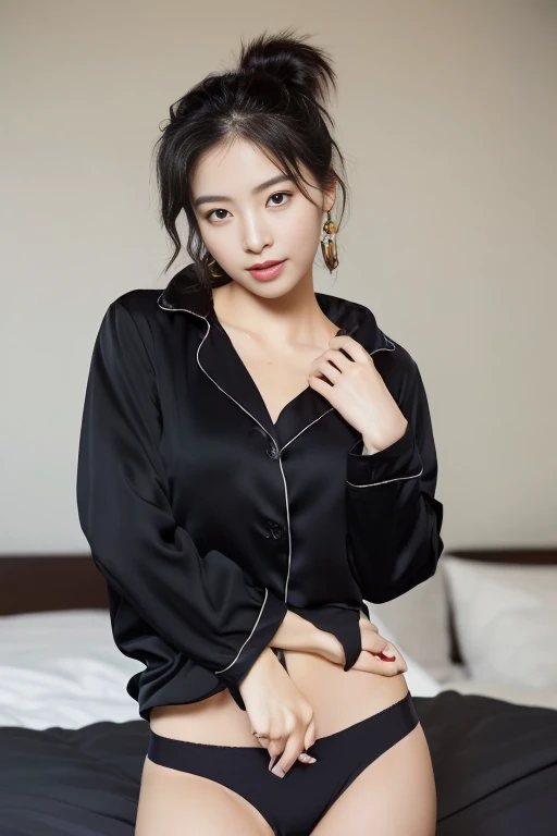 top Quority,Ultra-clear resolution, 29 years old girl ((Beautiful Chinese aunt). Body. y. Slim. Thin. Captivating. Natural face. No lipstick. Messy Bun. ( no Earrings-Earrings).
((Micro pan ((breasted bup. Blackama sleep shirt)), long legs_full body. Pose.erotic. sit down.n bed