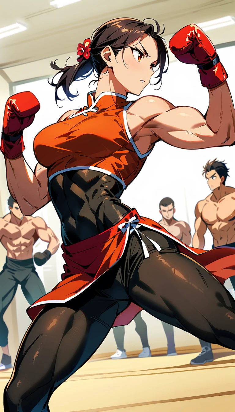 Boxing Match between muscular woman and doing a  very high kick, six pack, no men in background , Chinese dress crop top,  and leggings ,portrait, empty dojo background 
