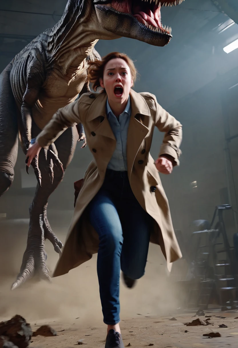 realistic, movie scene, zdyna_pose, dutch angle, from below, foreshortening, woman in trenchcoat standing above viewer in a zdyna_pose running away from a T-Rex in a low camera angle actions scene, foreground objects dust and volumetric lighting, cinematic lighting, motion blur