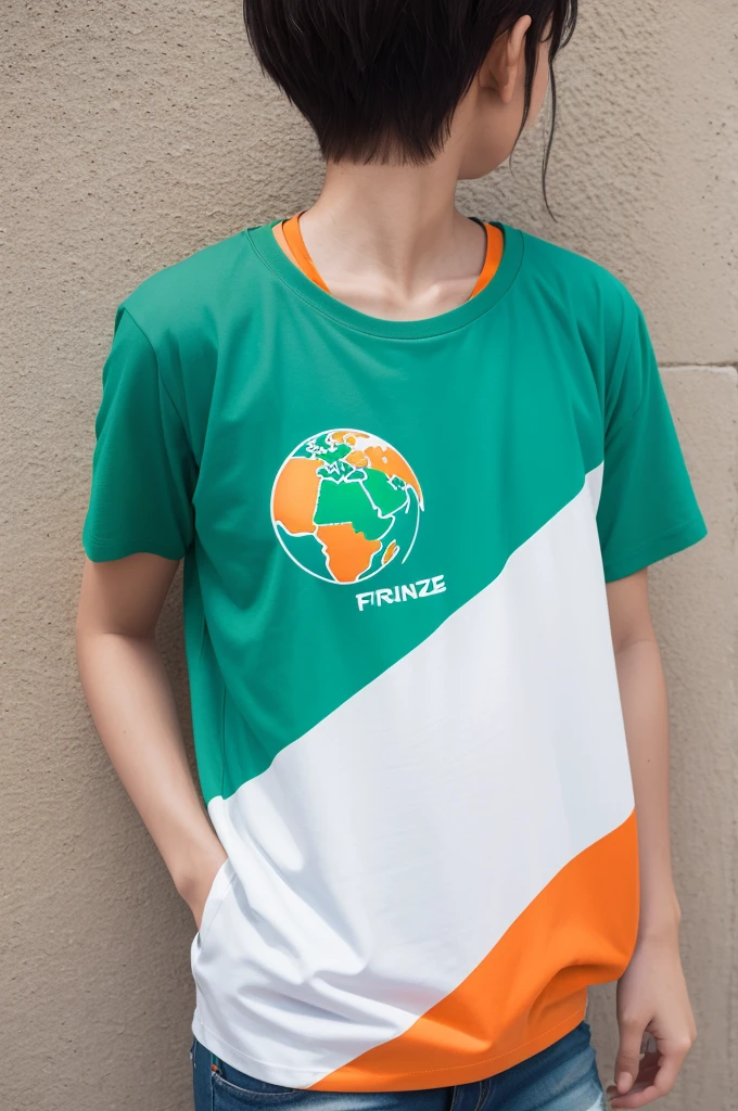 Frize shirt design for geography event with orange colors, cerulean, green and white