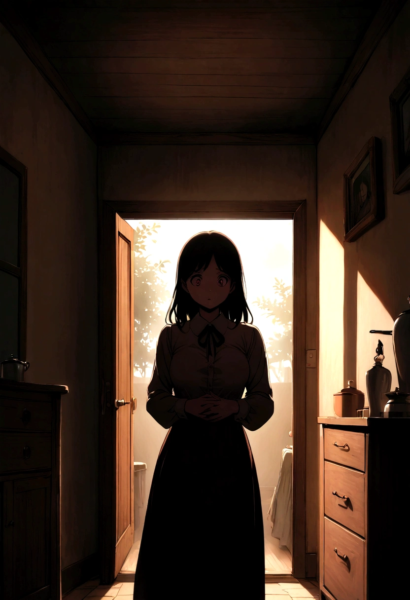 Create a anime image of Creepy and mysterious image of a mother with her 2 children in a room
Very scary
Dark