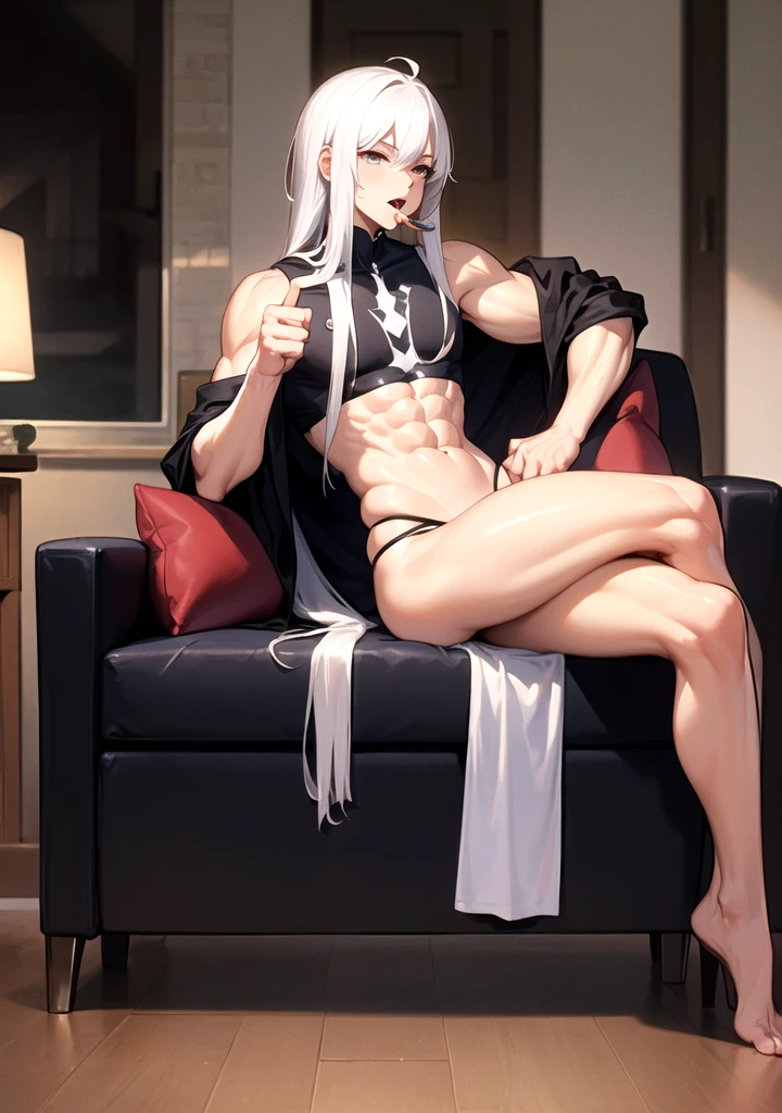 A tall man, muscular, clear skin, Hip-length hair, loose white hair, in sexy pose, whole body, Sitting with legs open, hand near mouth licking his thumb