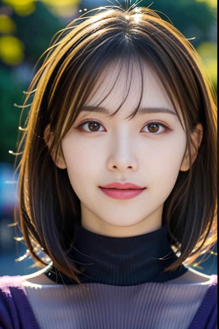(highest quality、table top、8K、best image quality、Award-winning work)、one beautiful woman、25 years old、(Fixed front configuration:1.1)、(Photo from the front、from the chest up:1.1)、(big and full breasts:1.1)、(emphasize body line:1.1)、(Perfect dark red turtleneck tight knit sweater:1.3)、(upper body photo:1.1)、look at me and smile、(strongly blurred natural park background:1.1)、droopy eyes、natural makeup、With bangs、long hair、Ultra high definition beauty face、(Super high resolution perfect beautiful teeth:1.1)、ultra high definition hair、Super high-definition sparkling eyes、Super high resolution glossy lips、accurate anatomy、(very bright and vivid:1.3)