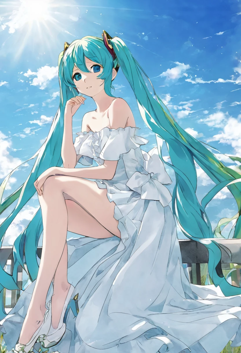 
Hatsune Miku is sitting under the blue sky。
She is wearing a white off-the-shoulder dress。