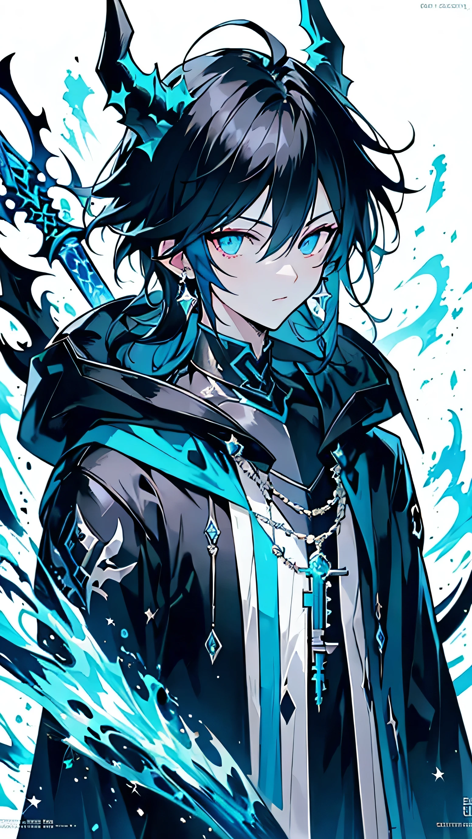 (masterpiece:1.2、highest quality), (Exquisite eyes: 1.2), (Detailed Background、Dark fantasy), (beauty detailed face), High Contrast, (Best lighting、Very delicate and beauty), ((Cinema Lighting) )), colorful, Hyper Detail, Dramatic Light, Intricate details, (1 teen boy, scruffy black hair, bangs, Blue eyes, moon, dark night, long earrings, black hoodie, blue demon horns, blue great sword at the back, looking at viewer, upper body), Black light swirling around the character, Depth of written boundary, black light particles, Nightcore, Spectacular anime style, zerochan art, Anime Wallpaper, Burning, High quality anime art style, Key Anime Art