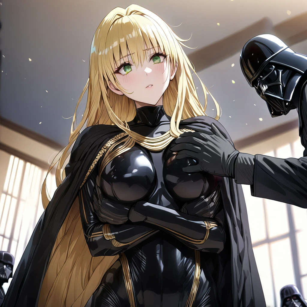 ((Highest quality)), ((masterpiece)), (detailed), (Perfect Face)、The woman is a Stormtrooper named Tiare, with green eyes, medium-length blonde hair, and is wearing a gorgeous black Stormtrooper bodysuit with gold patterns and trim, and a gorgeous black cape.、The woman is being held by Darth Vader