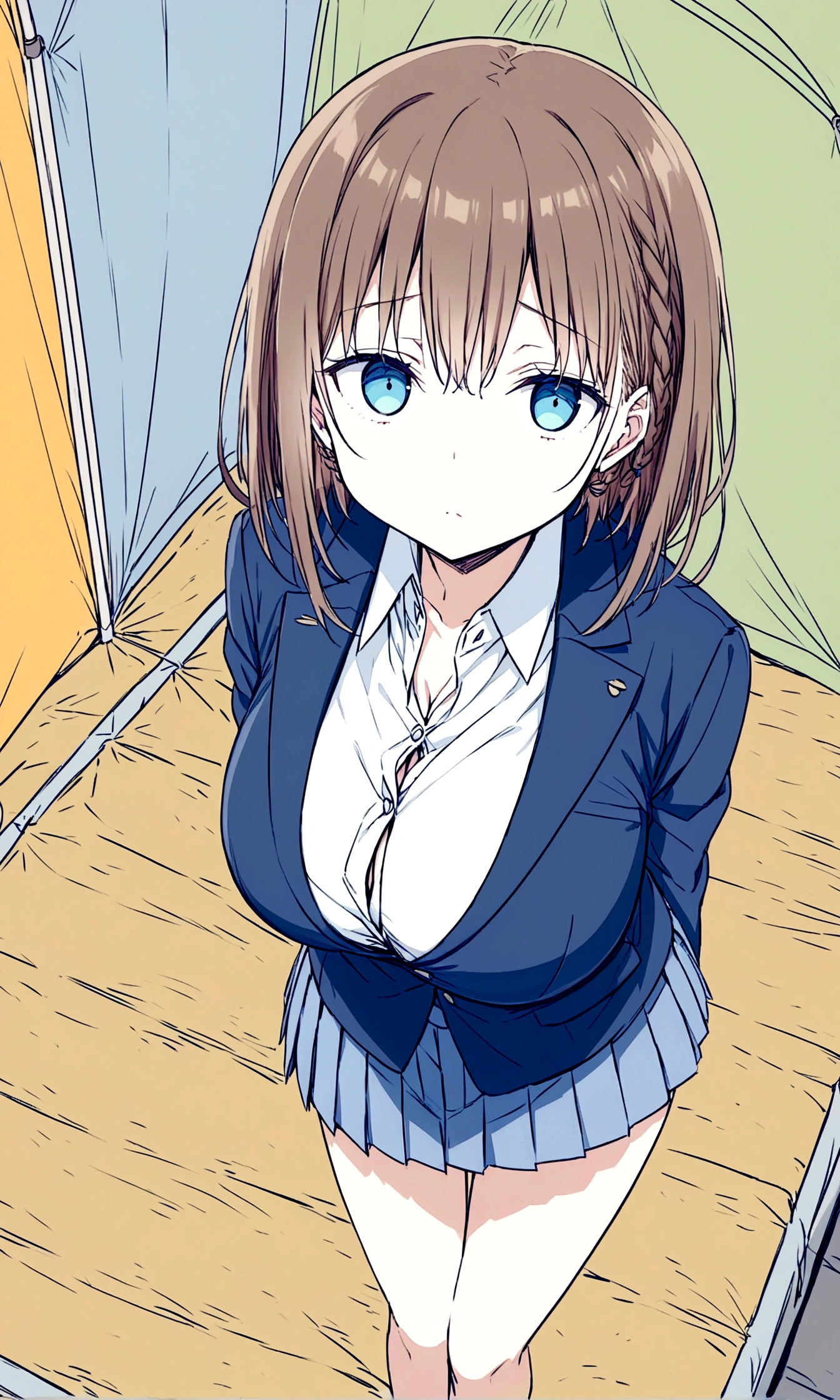 Tawawa on Monday,Ai-chan,Big Breasts,cleavage cutout,high school girl,source_アニメ, 1girl, solo,whole body,brown hair, cyan eyes, braid,blue blazer,white shirt, collared shirt, pleated skirt, blue skirt, large breasts, looking at you,contemptuous,in homeless blue tent,hentai,finely detailed beautiful face,high quality,アニメ,beautiful,High resolution,アニメ color,{{{{8K_wallpaper}}}},{{{masterpiece}}},{{{{extremely detailed eyes}}}},{{{{extremely detailed body}}}},{{{{extremely detailed finger}}}}