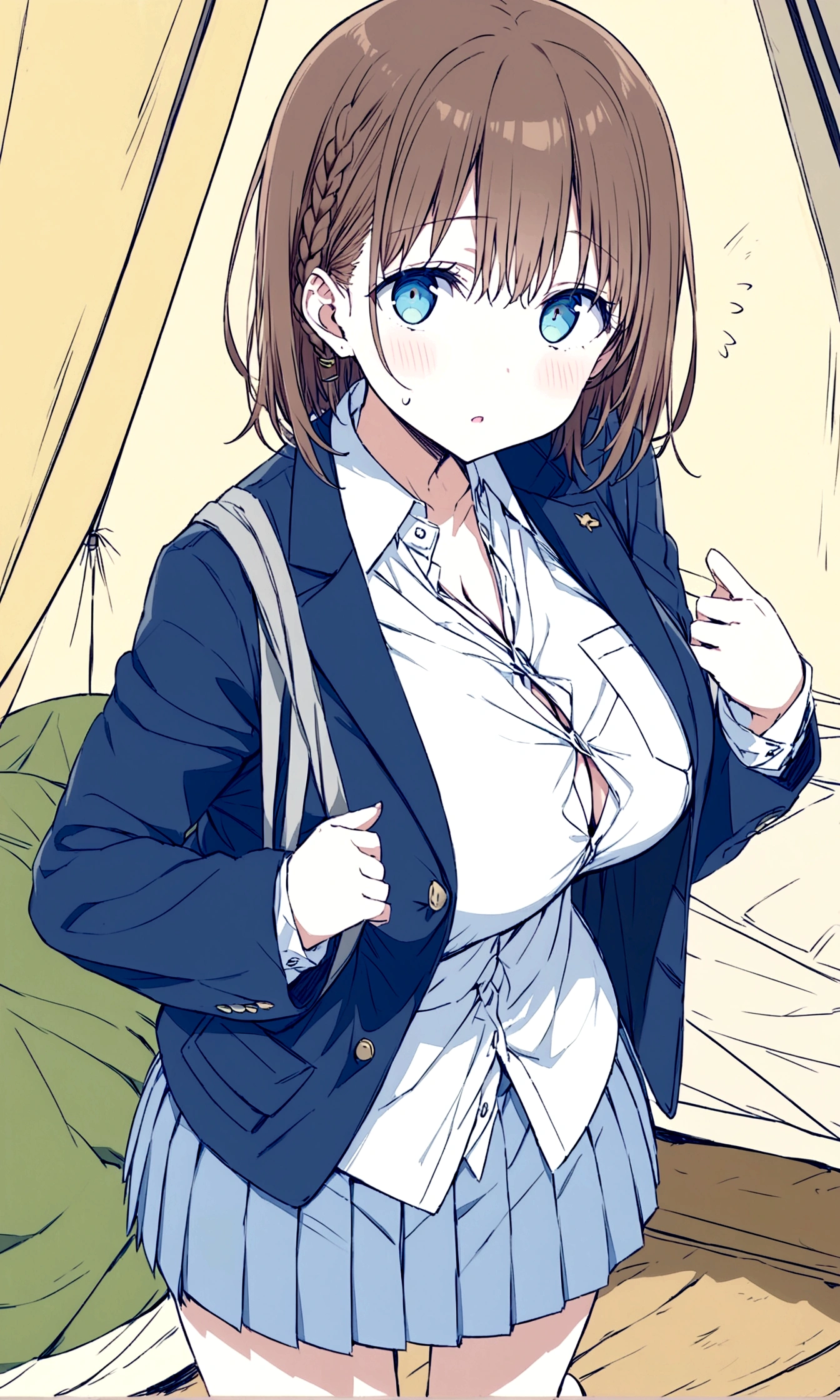 Tawawa on Monday,Ai-chan,Big Breasts,cleavage cutout,high school girl,source_アニメ, 1girl, solo,whole body,brown hair, cyan eyes, braid,blue blazer,white shirt, collared shirt, pleated skirt, blue skirt, large breasts, looking at you,contemptuous,in homeless blue tent,hentai,finely detailed beautiful face,high quality,アニメ,beautiful,High resolution,アニメ color,{{{{8K_wallpaper}}}},{{{masterpiece}}},{{{{extremely detailed eyes}}}},{{{{extremely detailed body}}}},{{{{extremely detailed finger}}}}