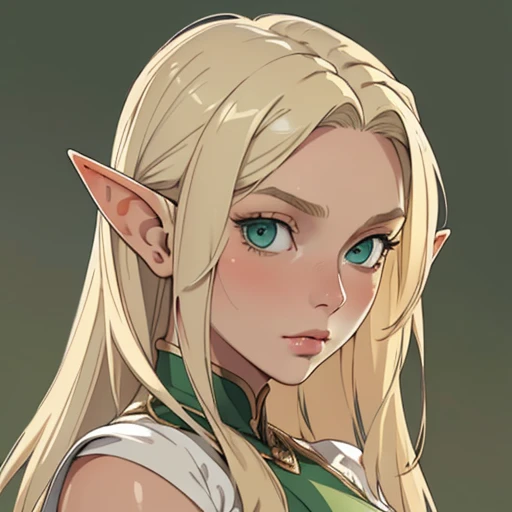 (masterpiece), (best quality),(portrait),(bust up),1girl,solo,(sharp focus),(look at viewer),elf,blonde hair,(elf girl) ,green eyes, (ancient girl:1), ancient luxurious long clothes,old school fantasy art,((simple background)),super shiny skin,Ultra Glossy face,