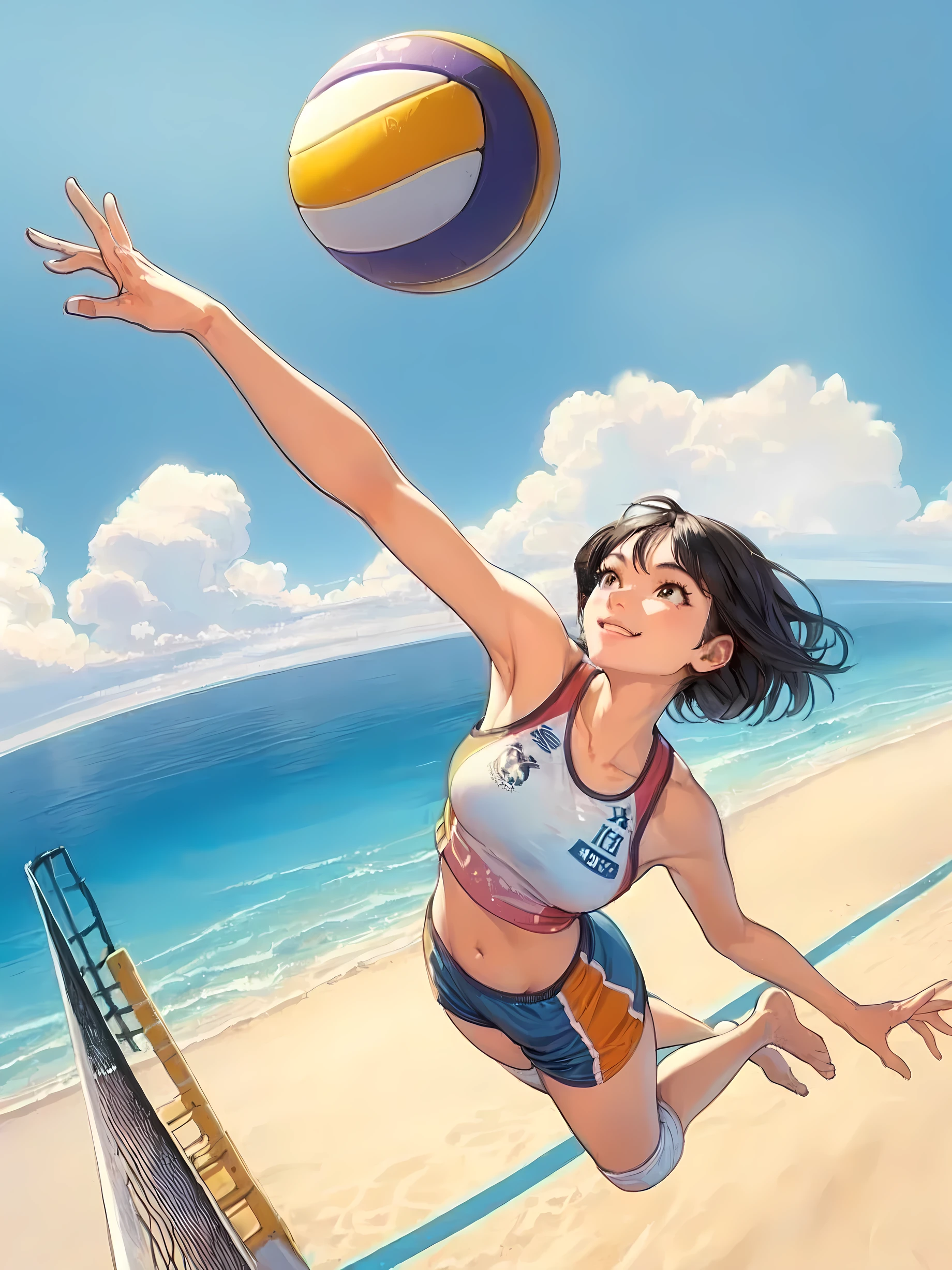 1lady solo, from above, (jumping high) (right next to net), (looking up at ball), (swinging one arm to hit ball) spiking, (dynamic posing), (beach volleyball player), (uniform with company logo) cropped top, (mature female:0.8), /(black hair/) bangs, light smile, (teeth:0.8), (masterpiece best quality:1.2) delicate illustration ultra-detailed, medium breasts, (muscle:0.6) BREAK (sandy beach) outdoors, (beach volleyball court), flying sand, blue sky, detailed background