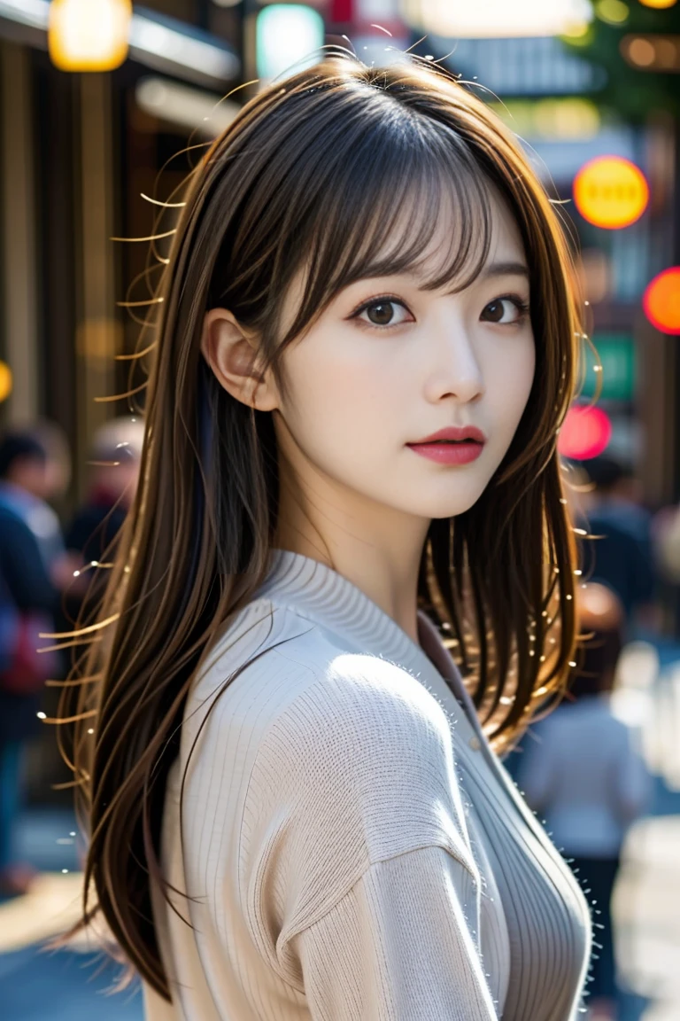 Woman in her early 30s、curtain bangs、dark brown hair、loose wavy hair、Korean Constriction Hair