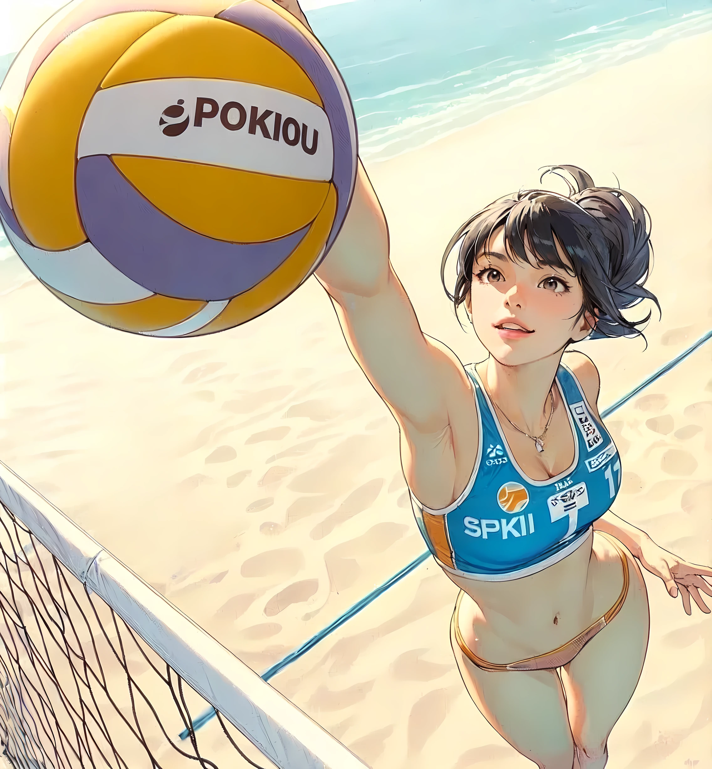 1lady solo, from above, (jumping high) (right next to net), (looking up at ball), (swinging one arm to hit ball) spiking, (dynamic posing), (beach volleyball player), (uniform with company logo) cropped top, (mature female:0.8), /(black hair/) bangs, light smile, (teeth:0.8), (masterpiece best quality:1.2) delicate illustration ultra-detailed, medium breasts, (muscle:0.6) BREAK (sandy beach) outdoors, (beach volleyball court), flying sand, blue sky, detailed background