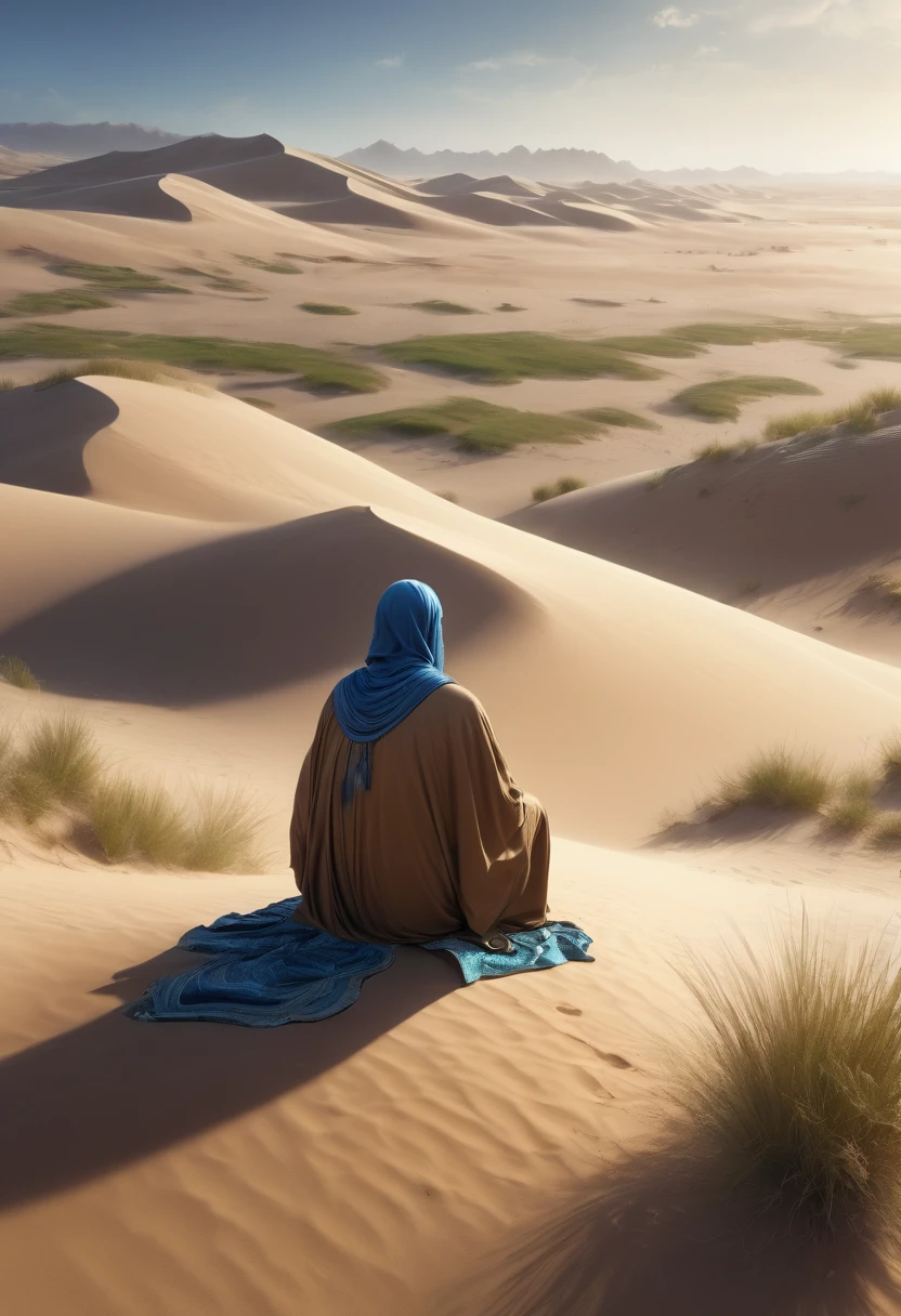 8K, Wide expansive landscape, Realistic, Sand dunes, grass patches, distant oasis, Arabian Nights inspired, Man sitting on sand wearing desert robes