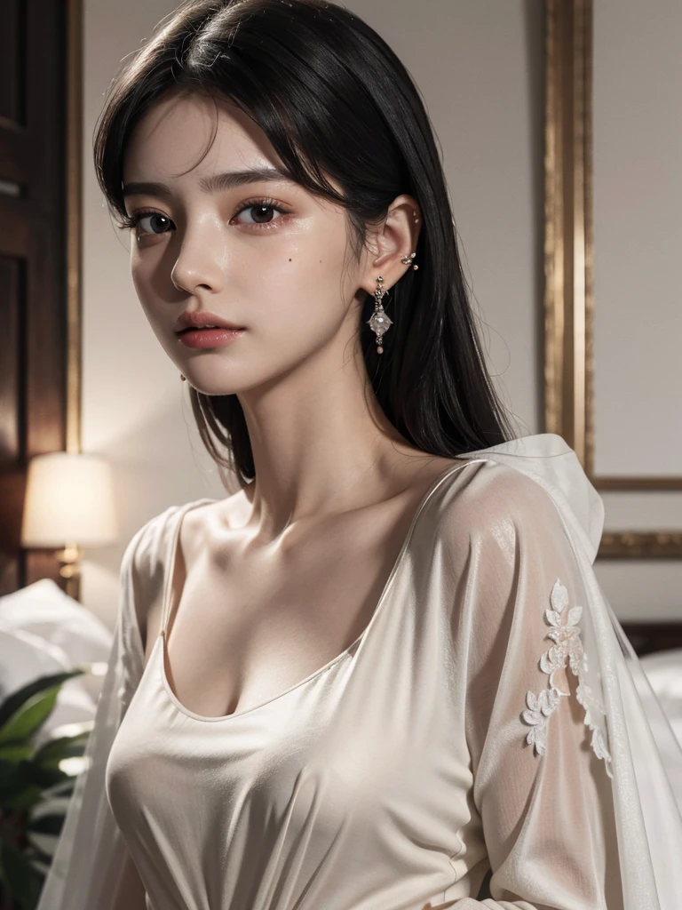 absurdres, RAW photo, extremely delicate and beautiful, masterpiece, Best Quality, ultra high resolution, 32k, hyperrealistic, ultra-detailed, delicate facial features, beautiful detailed woman, tearful mole, earring, medium breasts, ((full body shot)), medium hair, black hair, cloak,