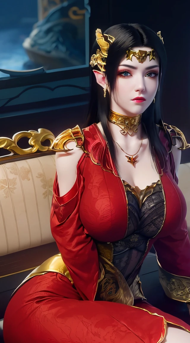1 extremely beautiful queen, ((wearing traditional red hanfu with thin black patterns:1.6)), (((Patterns on clothes:1.6))), ((long black hair:1.6 )), elaborately crafted jewelry from precious stones and beautiful hair, (((wearing a 24k gold lace necklace:1.4))), noble, noble style of an extremely beautiful girl, very pretty face, thin eyebrows, flawless beautiful face, ((black eye pupils: 0.8)), very beautiful eyes, ((platinum blue eyes: 1 ,6)), (((wide eyes: 1,6))), beautiful makeup and detailed hairdo, eyelashes, steamy eye makeup, high nose, earrings, red lips, ((closed mouth : 1.5)) beautiful lips, slim arms, most beautiful thighs, ((arms behind and spread out to the sides: 1.5)), ((bent sitting position with chest out toward the audience and arms behind :1.6)), rosy face, clean face, flawless beautiful face, smooth white skin, (( super big and round firm breasts: 1.8)), firm breasts, beautiful cleavage, beautiful breasts , perfect body, back arms, open chest, black sheer fishnet stockings with black lace trim, 8k photo, super high quality, super realistic, super 10 x pixel, optical, bright studio, bright edges, lighting two-tone, (high detail skin: 1.2), ultra 8k, soft light, high quality, volumetric light, optical, optical high resolution, light, best shot, quality 4k, 8k, blur effect, smooth sharpness, 10 x pixels, ((sea and moonlight in night background: 1.5)), aurora, lightning, hyper-realistic graphics, most realistic graphics, 1 girl, alone, solo, Extremely sharp, surreal image, (((frontal portrait: 1)))."