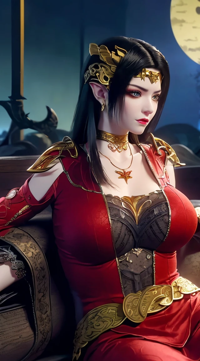 1 extremely beautiful queen, ((wearing traditional red hanfu with thin black patterns:1.6)), (((Patterns on clothes:1.6))), ((long black hair:1.6 )), elaborately crafted jewelry from precious stones and beautiful hair, (((wearing a 24k gold lace necklace:1.4))), noble, noble style of an extremely beautiful girl, very pretty face, thin eyebrows, flawless beautiful face, ((black eye pupils: 0.8)), very beautiful eyes, ((platinum blue eyes: 1 ,6)), (((wide eyes: 1,6))), beautiful makeup and detailed hairdo, eyelashes, steamy eye makeup, high nose, earrings, red lips, ((closed mouth : 1.5)) beautiful lips, slim arms, most beautiful thighs, ((arms behind and spread out to the sides: 1.5)), ((bent sitting position with chest out toward the audience and arms behind :1.6)), rosy face, clean face, flawless beautiful face, smooth white skin, (( super big and round firm breasts: 1.8)), firm breasts, beautiful cleavage, beautiful breasts , perfect body, back arms, open chest, black sheer fishnet stockings with black lace trim, 8k photo, super high quality, super realistic, super 10 x pixel, optical, bright studio, bright edges, lighting two-tone, (high detail skin: 1.2), ultra 8k, soft light, high quality, volumetric light, optical, optical high resolution, light, best shot, quality 4k, 8k, blur effect, smooth sharpness, 10 x pixels, ((sea and moonlight in night background: 1.5)), aurora, lightning, hyper-realistic graphics, most realistic graphics, 1 girl, alone, solo, Extremely sharp, surreal image, (((frontal portrait: 1)))."