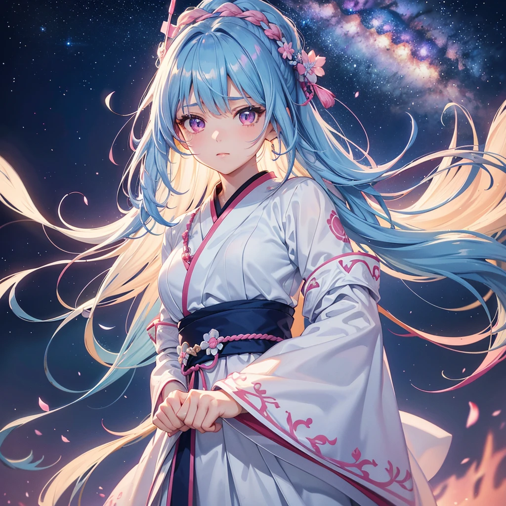 Sky blue hair, Braided Ponytail,(Pink Eyes),Fair skin ,(whole body),(One girl),Hanfu,The goddess,Tanabata,(A beautiful Milky Way in the night sky),Stern face,Straight bangs,(masterpiece, Highest quality, Very detailed, Best Shadow), (Detailed Background), (Beautifully detailed face), High Contrast, (Best lighting, Very delicate and beautiful), ((Cinematic Light)), colorful, Hyper Detail, Dramatic Light, Intricate details,