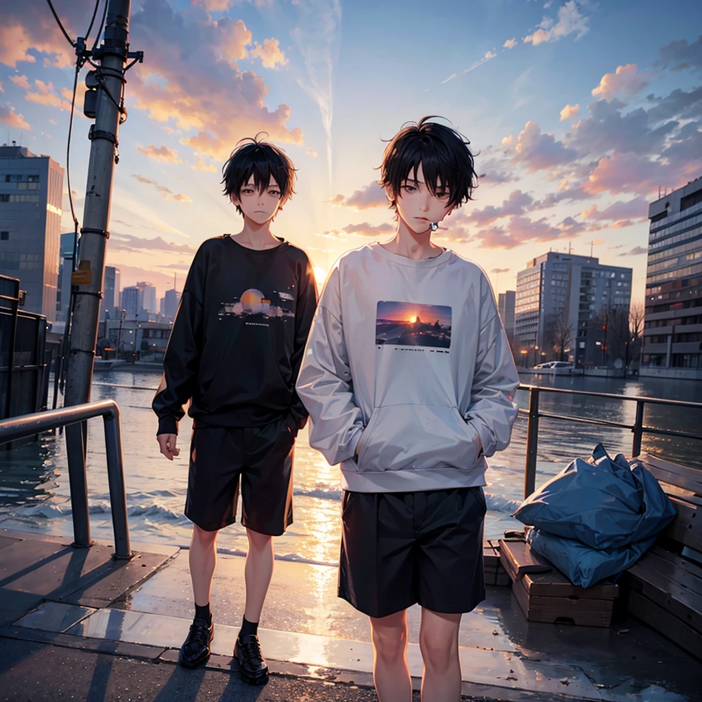 a boy with short black hair smoking sweatshirt sunset anime