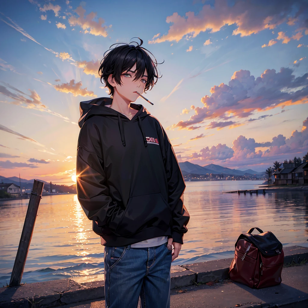 a boy with short black hair smoking sweatshirt sunset anime