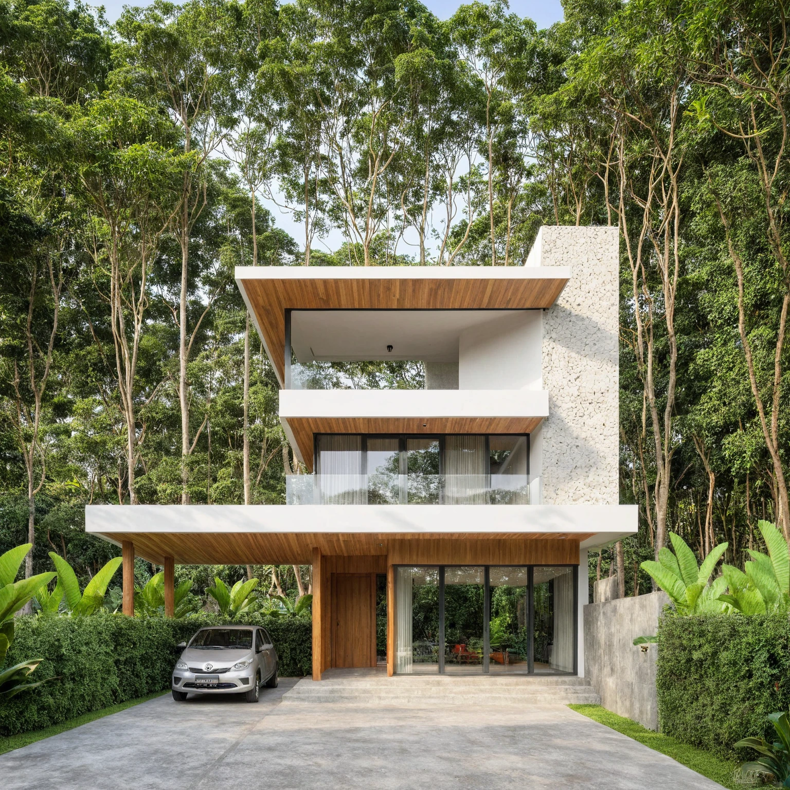 A 2-story house in Da Lat, captured in crisp morning light. This modern abode showcases a mix of white paint, expansive glass, concrete and wooden accents, surrounded by greenery and stone details. Crafted by Vo Trong Nghia, the house exudes a peaceful and elegant space, perfectly suited to its landscape location.