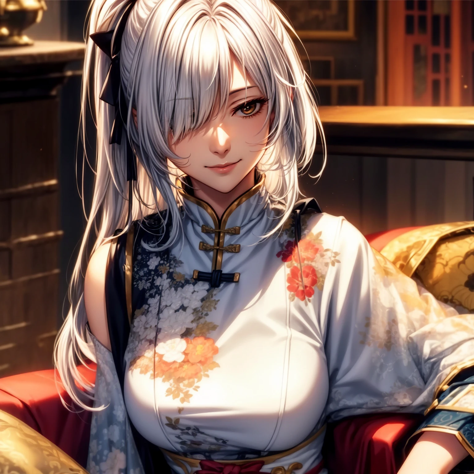 (masterpiece, top quality, best quality, official art, beautiful and aesthetic:1.2), extreme detailed, detailed background, detailed face, Jinyuan, female, feminely, mature, middle-aged, short_ponytail, bangs, hair_ornament, long_hair, hair_over_shoulder, tied_hair, white_hair, ((hair_over_one_eye)), white_hair, closed_mouth, smile, strong, sharp face, beautiful, Chinese, Relaxed appearance, meticulous, calm, General, Traditional attire, Confident, deep_in_thought, Strategist demeanor, broad shoulder, large volume of hair, (solo), depth of field, yellow_eyes, ahoge, hair_ribbon, large breasts,solo
sunshine, cityscape, cafe, sitting on sofa