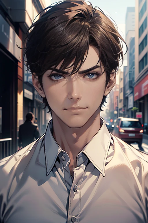(tmasterpiece, high resolution, ultra - detailed:1.0), (1 male, masculine face), Perfect male body, tall and strong, Adult male, Delicate eyes and delicate face, Extremely detailed CG, Unity 8k wallpaper, Complicated details, Detailed face, (short brown hair, short hair, smile in love faces, blur eyes, white shirts,), (frown, mile in love:1.3), stad in corporativo, empresa, street style, color difference, Depth of field, dramatic shadow, Ray tracing, Best quality, Cinematic lighting, offcial art,Portrait