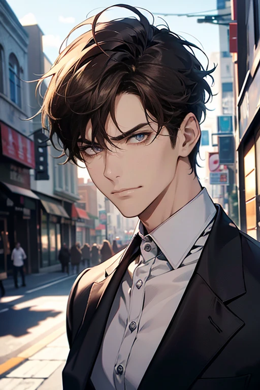 (tmasterpiece, high resolution, ultra - detailed:1.0), (1 male, masculine face), Perfect male body, tall and strong, Adult male, Delicate eyes and delicate face, Extremely detailed CG, Unity 8k wallpaper, Complicated details, Detailed face, (short brown hair, short hair, smile in love faces, blur eyes, white shirts,), (frown, mile in love:1.3), stad in corporativo, empresa, street style, color difference, Depth of field, dramatic shadow, Ray tracing, Best quality, Cinematic lighting, offcial art,Portrait