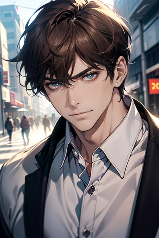 (tmasterpiece, high resolution, ultra - detailed:1.0), (1 male, masculine face), Perfect male body, tall and strong, Adult male, Delicate eyes and delicate face, Extremely detailed CG, Unity 8k wallpaper, Complicated details, Detailed face, (short brown hair, short hair, smile in love faces, blur eyes, white shirts,), (frown, mile in love:1.3), stad in corporativo, empresa, street style, color difference, Depth of field, dramatic shadow, Ray tracing, Best quality, Cinematic lighting, offcial art,Portrait
