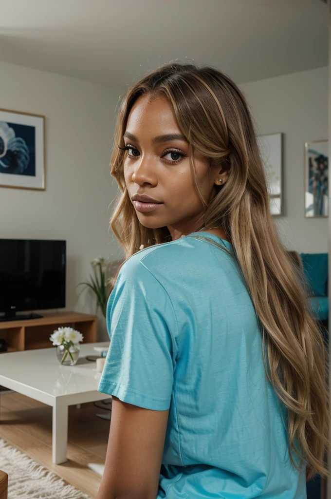 "Selfie of an African American woman with long, wavy blonde hair. She is wearing a blue T-shirt with a graphic design. Her makeup is impeccable, highlighting her eyes with long eyelashes and luminous skin. The back -shot shows a modern interior with minimalist decor, including a coffee table with a vase of white flowers. The photo is very realistic, capturing the details of her face, her hairstyle, and the mood of the room.