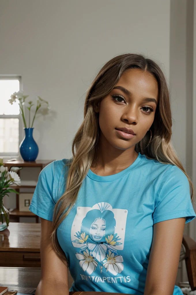 "Selfie of an African American woman with long, wavy blonde hair. She is wearing a blue T-shirt with a graphic design. Her makeup is impeccable, highlighting her eyes with long eyelashes and luminous skin. The back -shot shows a modern interior with minimalist decor, including a coffee table with a vase of white flowers. The photo is very realistic, capturing the details of her face, her hairstyle, and the mood of the room.