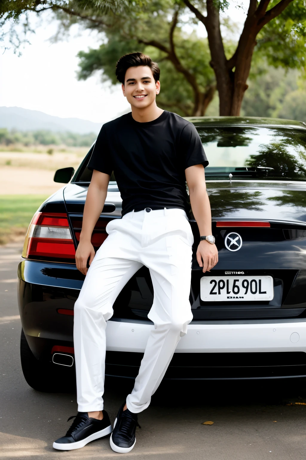 A cartoonic
boy with black t shirt and white pant sitting on a car bumper