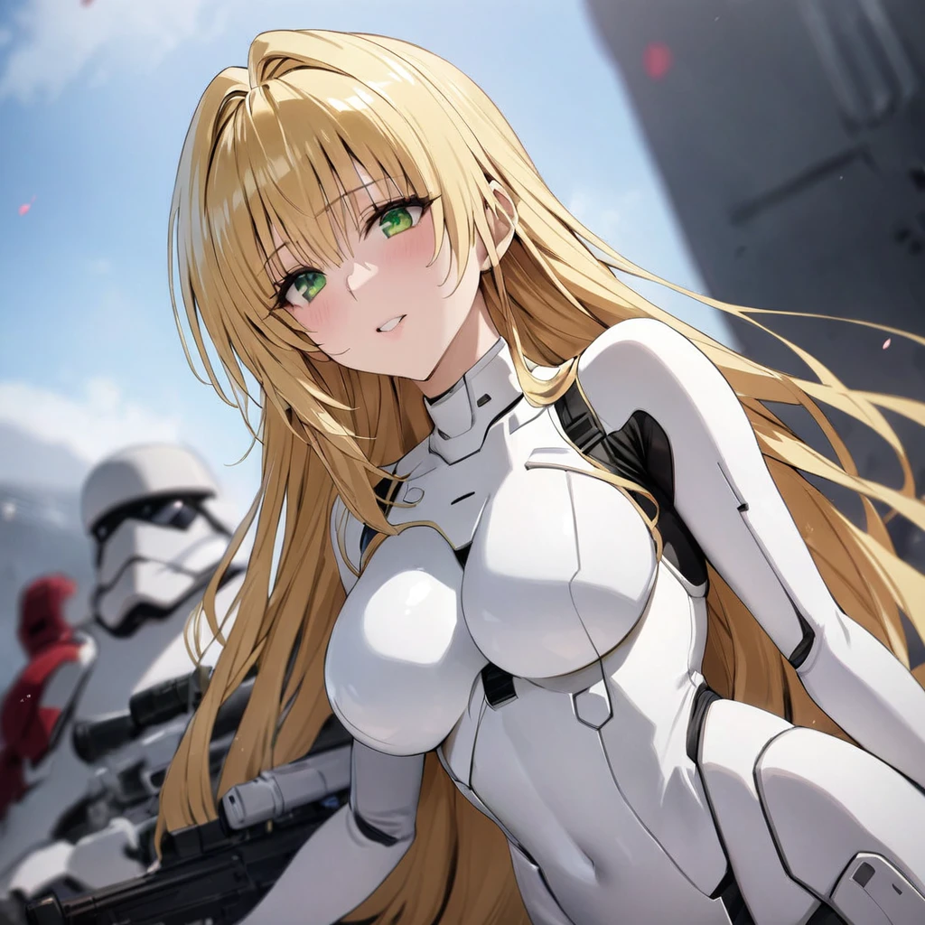 ((Highest quality)), ((masterpiece)), (detailed), （Perfect Face）、The woman is Tiare, with green eyes, medium-long blonde hair, and is wearing a Stormtrooper bodysuit and a full-face helmet.