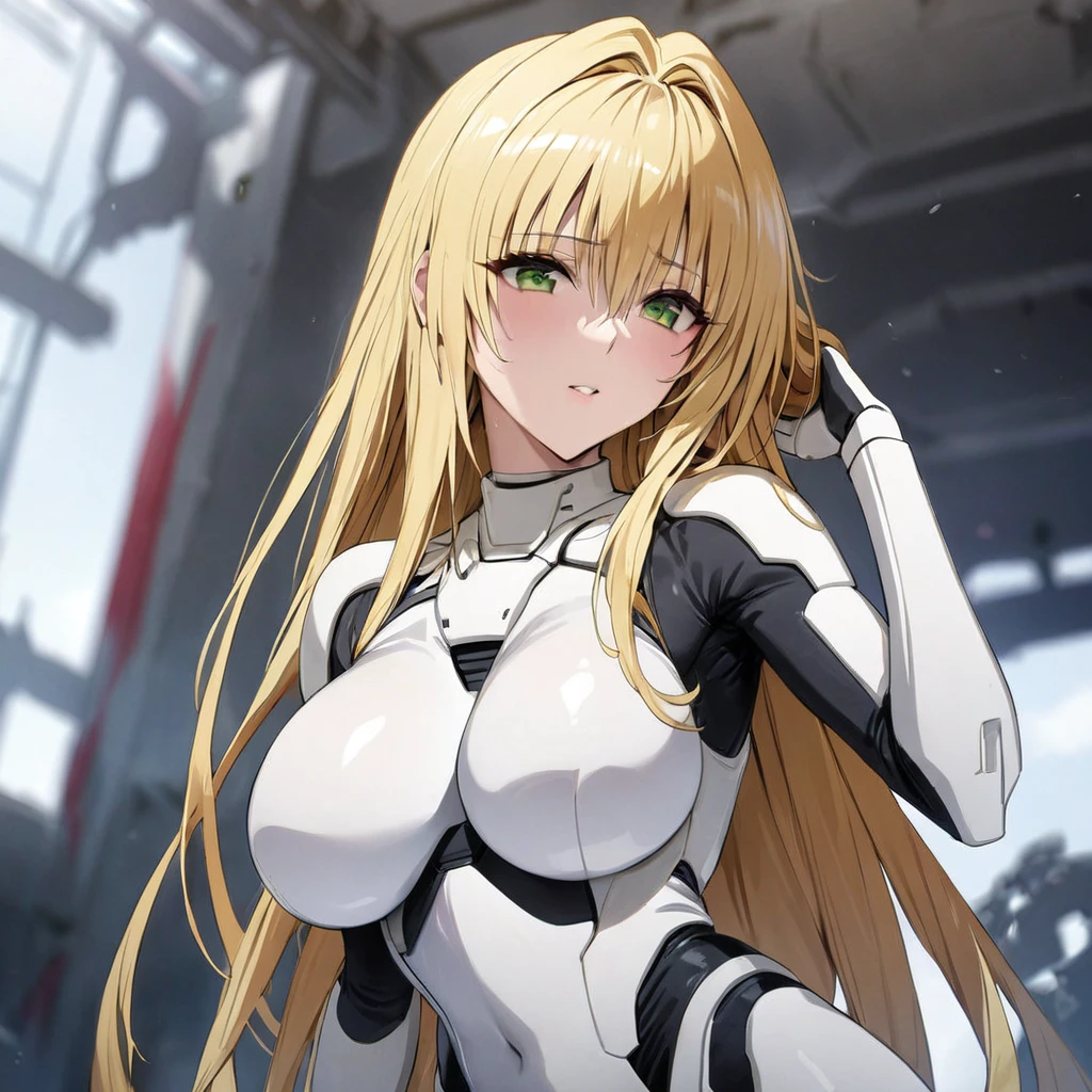 ((Highest quality)), ((masterpiece)), (detailed), （Perfect Face）、The woman is Tiare, with green eyes, medium-long blonde hair, and is wearing a Stormtrooper bodysuit and a full-face helmet.