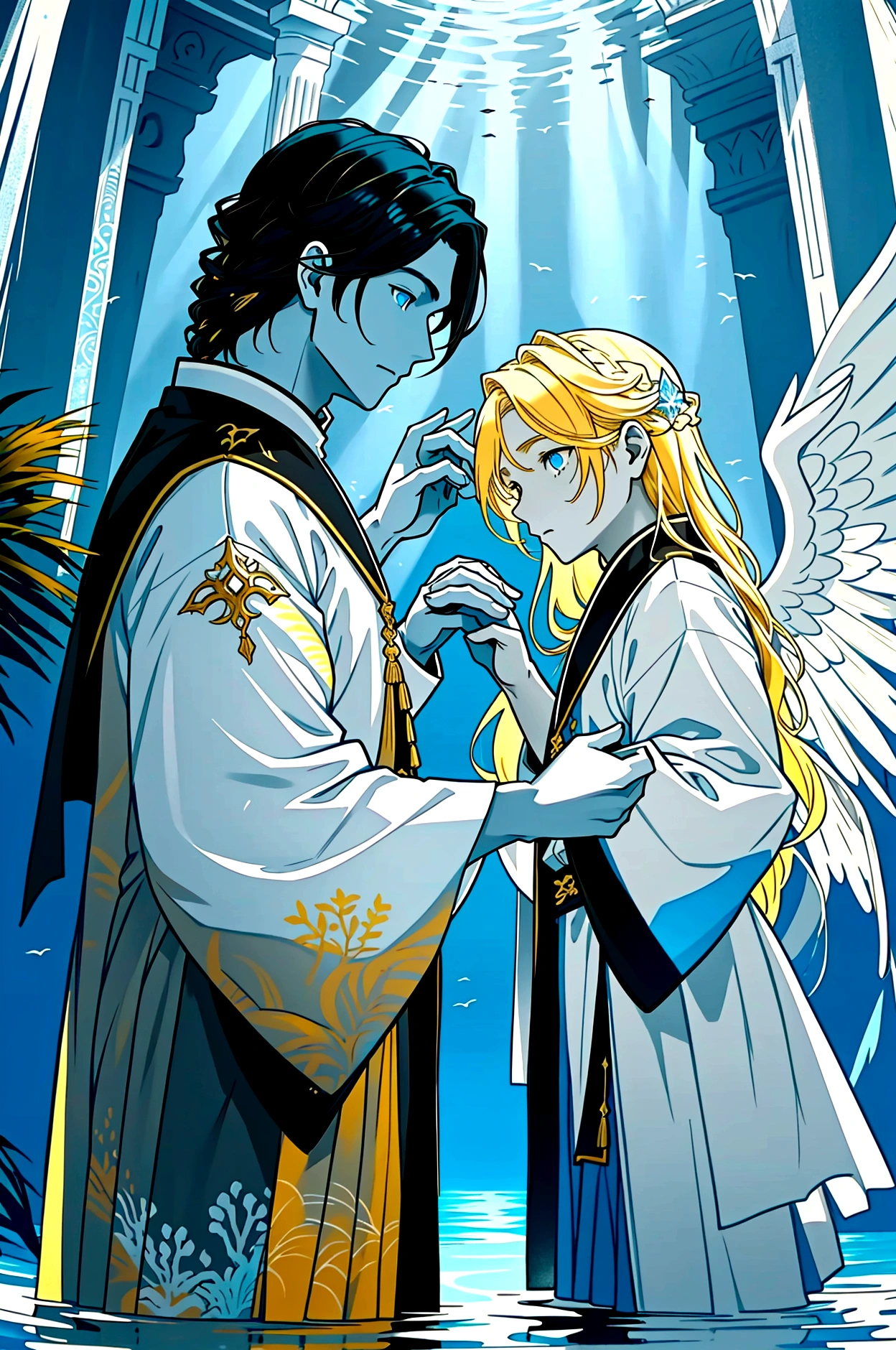 Divide the picture into two halves, creating a contrast between above and below. The upper half is a light-colored sky consisting of two main colors: white and yellow, with surrounding decorative motifs related to light, gods, and angels. The bottom half is an ocean with dark tones consisting of two main colors: blue and white, the surrounding decorative motifs are schools of small fish. In the upper half, there will be a guy with blond hair and black eyes holding his hand down. At the bottom there will be a guy with black hair and blue eyes raising one hand upward. The fingers of the two of them touched each other.