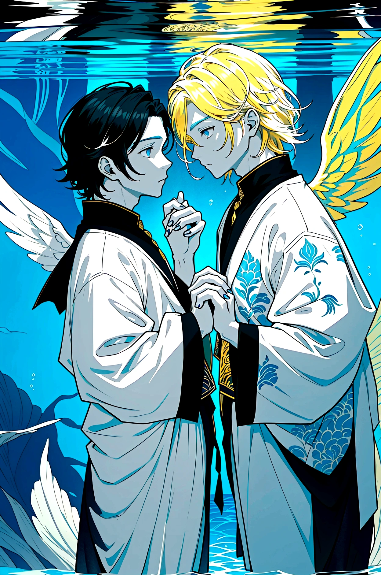 Divide the picture into two halves, creating a contrast between above and below. The upper half is a light-colored sky consisting of two main colors: white and yellow, with surrounding decorative motifs related to light, gods, and angels. The bottom half is an ocean with dark tones consisting of two main colors: blue and white, the surrounding decorative motifs are schools of small fish. In the upper half, there will be a guy with blond hair and black eyes holding his hand down. At the bottom there will be a guy with black hair and blue eyes raising one hand upward. The fingers of the two of them touched each other.