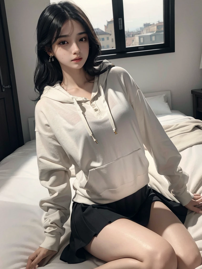 absurdres, RAW photo, extremely delicate and beautiful, masterpiece, Best Quality, ultra high resolution, 32k, hyperrealistic, ultra-detailed, delicate facial features, beautiful detailed woman, tearful mole, earring, medium breasts, full body shot, medium hair, black hair, wavy hair, collared dress shirt, hoodie, skirt,