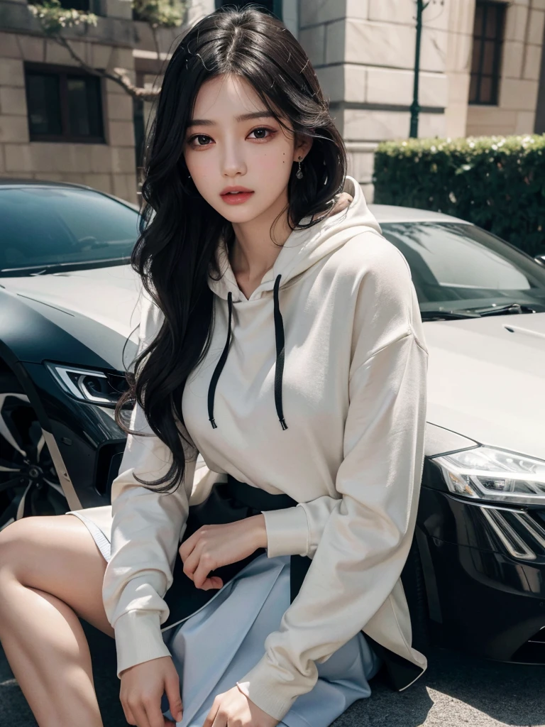 absurdres, RAW photo, extremely delicate and beautiful, masterpiece, Best Quality, ultra high resolution, 32k, hyperrealistic, ultra-detailed, delicate facial features, beautiful detailed woman, tearful mole, earring, medium breasts, full body shot, medium hair, black hair, wavy hair, collared dress shirt, hoodie, skirt,