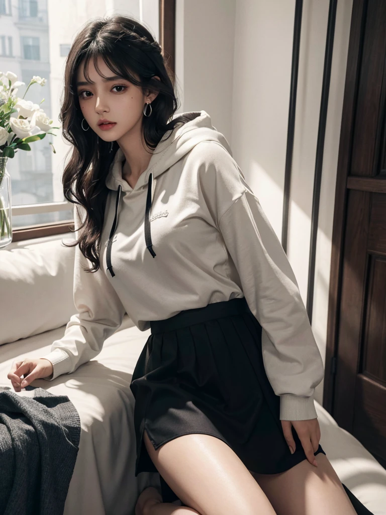 absurdres, RAW photo, extremely delicate and beautiful, masterpiece, Best Quality, ultra high resolution, 32k, hyperrealistic, ultra-detailed, delicate facial features, beautiful detailed woman, tearful mole, earring, medium breasts, full body shot, medium hair, black hair, wavy hair, collared dress shirt, hoodie, skirt,