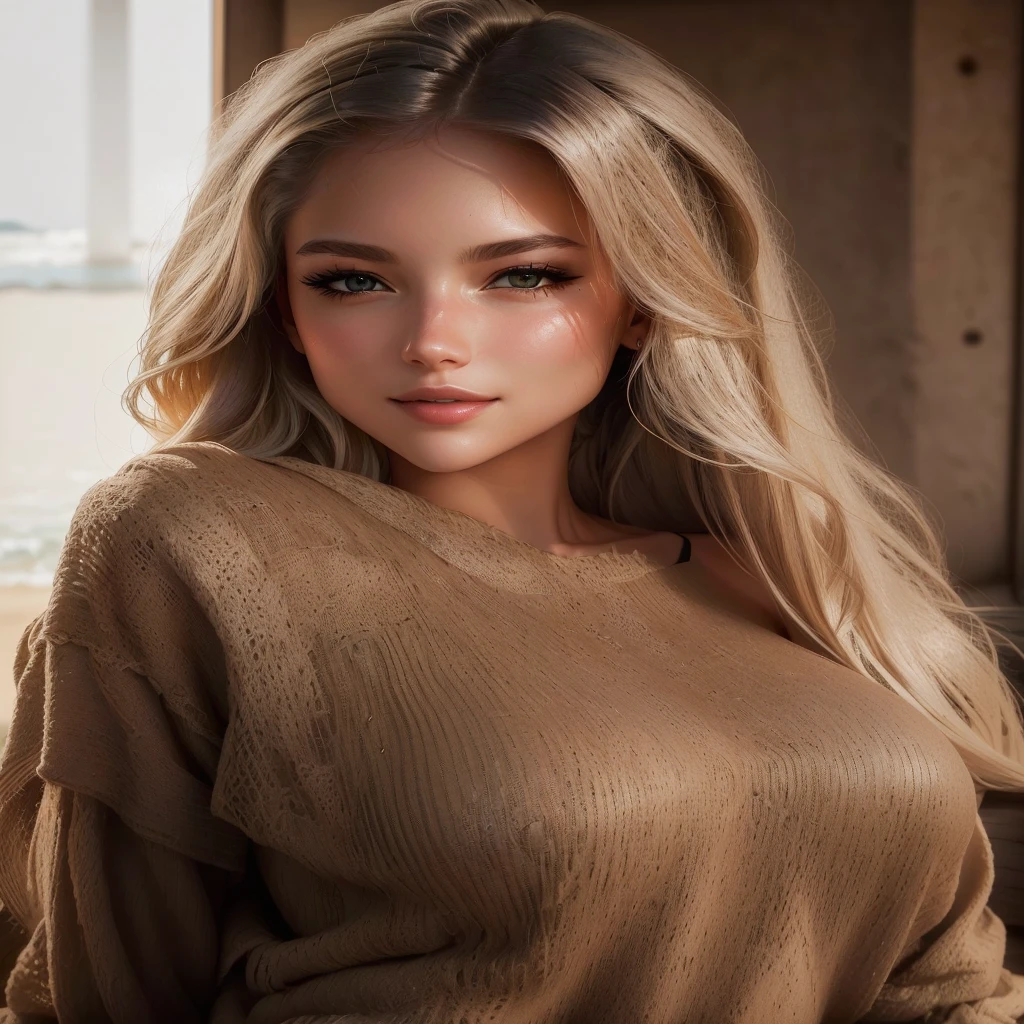 The girl lounges on a secluded beach, the golden sand warm beneath her. She is lying on her back, propped up on her elbows, wearing a bikini that highlights her 3-4 size breasts and toned body. Her white hair cascades over her shoulders as she gazes seductively at the camera, the waves gently lapping in the background. The sunlight casts a radiant glow on her skin, enhancing the allure of the idyllic beach setting.