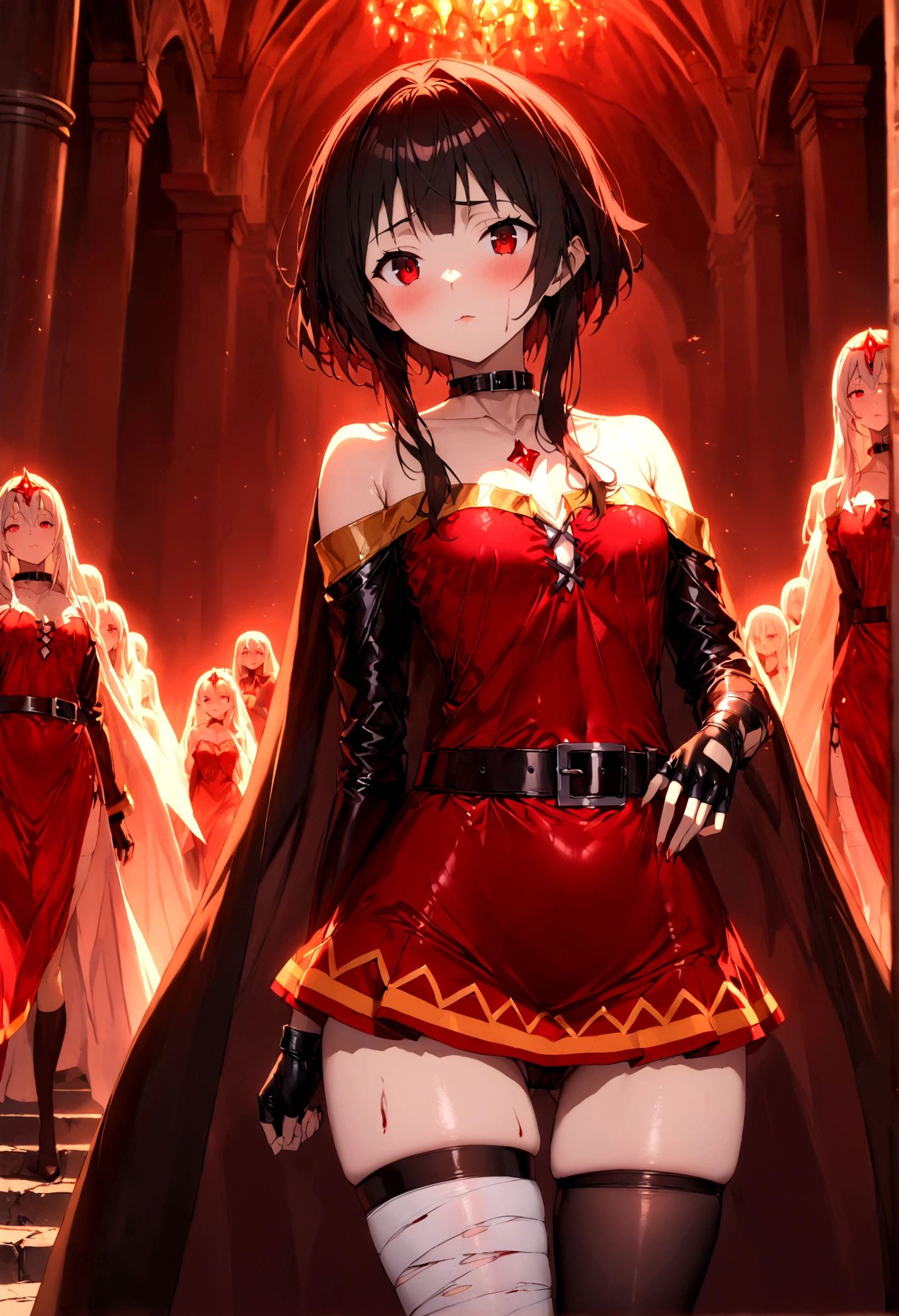 (highest quality:1.2, Very detailed, Latest, vibrant, super detail, Ultra-high resolution, High contrast, masterpiece:1.2, highest quality, best aesthetics, there is:0.9), alone, (1 female), /(Konosuba/), (Megumin), short hair, black hair, (red eyes:1.3), short hair with long locks, thighhighs, gloves, has, dress, Black gloves, belt, black thighhighs, fingerless gloves, cape, collar, witch has, Bandages, red dress, single thighhigh, asymmetrical legwear, bandaged leg, Dynamic Angle, Random Pause, Highly Detailed Face and Skin Texture, cowboy shot,Sexy photo of the most beautiful work of art in the world, illustration, cinematic light, Fancy, high resolution, Superior quality, ultra detailed, Best Quality, Masterpiece, (detailed face), sexy mature woman with shirt and full body (torn)  (transparent galaxy) screen shelter, floating fabric, meat , choker, bright (Fancy criminal para personas mayores) Forest plants with neon details, shoulders abiertos, pequeña mariposa bright, with a broken witch hat (focus on the body: 1,25  ), evening, small mutated animals in the background, torn miniskirt, a potion on the hip, shoulders, radiating magical energy, Camel leg, darkness, light reflection, ((32 year old woman)) , black underwear,（with sexy legs ）、（journey）、（supine）、Head with long black hair,love game,Forced orgasm,squirt, ecstasy, I play with the urethra, ((women&#39;s casual clothing ),(high quality, realist, ultra detailed),blood mage  ,dark and gloomy magical atmosphere,old church with biblical windows,beautiful woman with piercing red eyes,1woman surrounded by ethereal spirits and followers,((cult queen)),darkness eterna y profunda,penitent ghosts,group of humanoid spirits