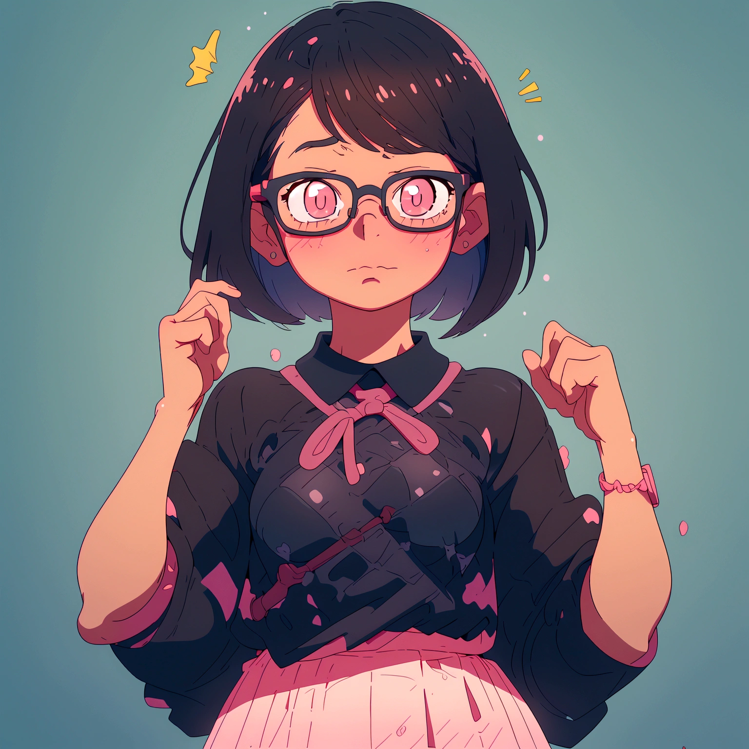 without underwear,A bob-cut elementary school girl wearing glasses, no wearing, rubbing her breasts, large breasts, looking up, black hair, winking, inside school, pastel colors, sad, summer