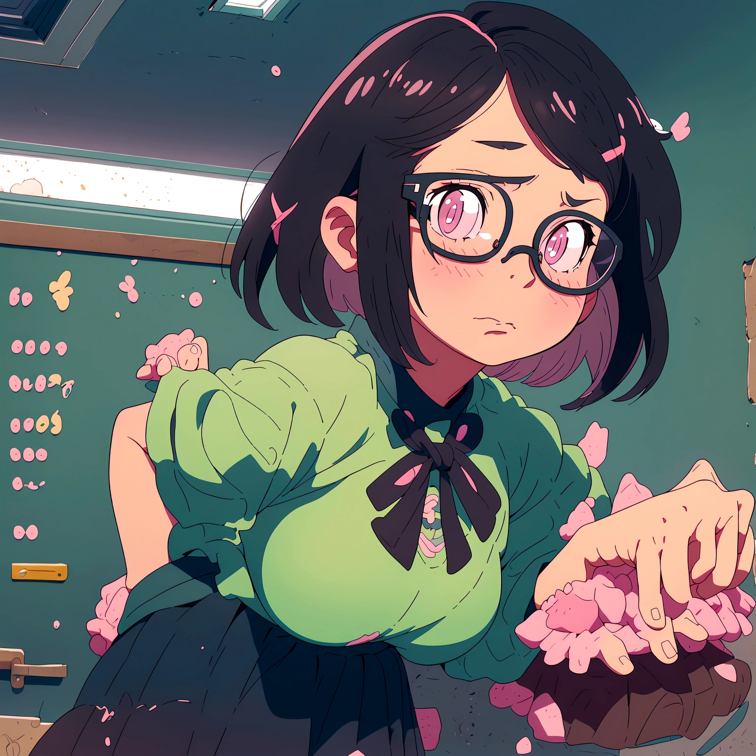 without underwear,A bob-cut elementary school girl wearing glasses, no wearing, rubbing her breasts, large breasts, looking up, black hair, winking, inside school, pastel colors, sad, summer