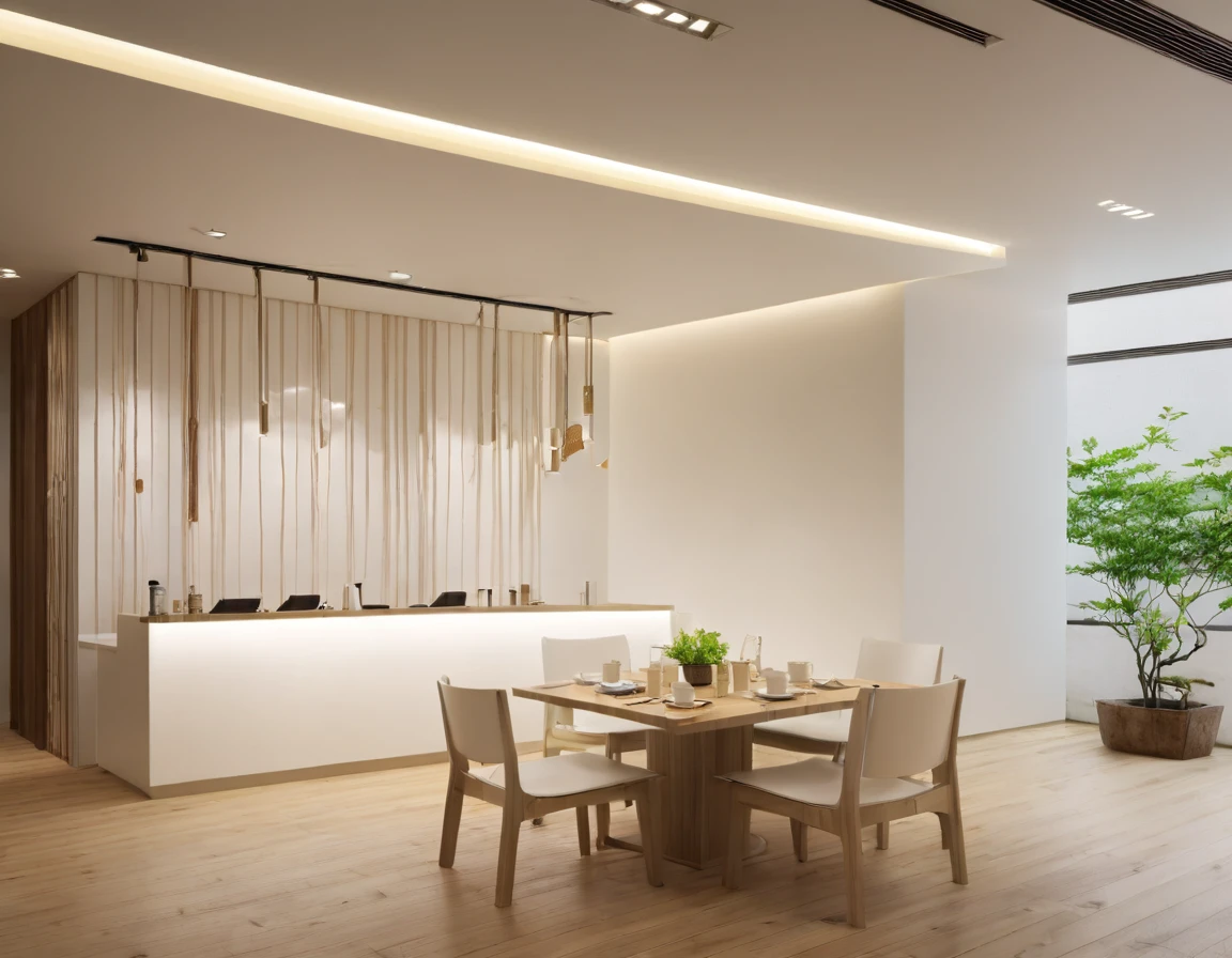 (MASTER INTERIOR DESIGNS), (GOOD DETAIL) An interior shot of a reception space in a ramen restaurant with a modern Japanese style. The space is decorated with Japanese details and has a white color scheme. The restaurant is inspired by the Hokkaido region of Japan and features mountain-themed decor. The space is well-lit and has a warm and inviting atmosphere.