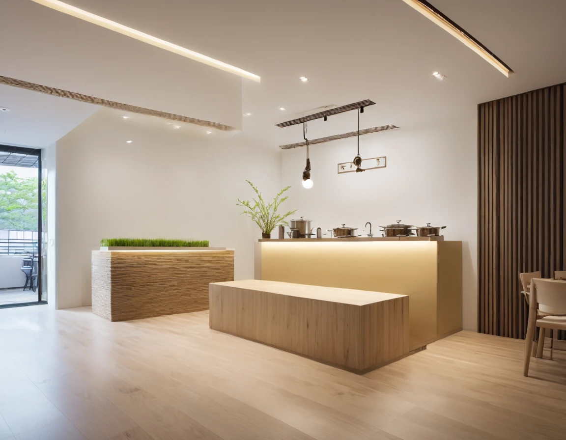 (MASTER INTERIOR DESIGNS), (GOOD DETAIL) An interior shot of a reception space in a ramen restaurant with a modern Japanese style. The space is decorated with Japanese details and has a white color scheme. The restaurant is inspired by the Hokkaido region of Japan and features mountain-themed decor. The space is well-lit and has a warm and inviting atmosphere.