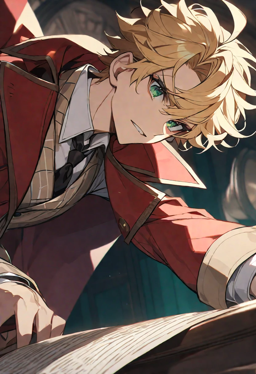 Solo, 1 male, blonde hair, green eyes, white shirt, red coat, detective