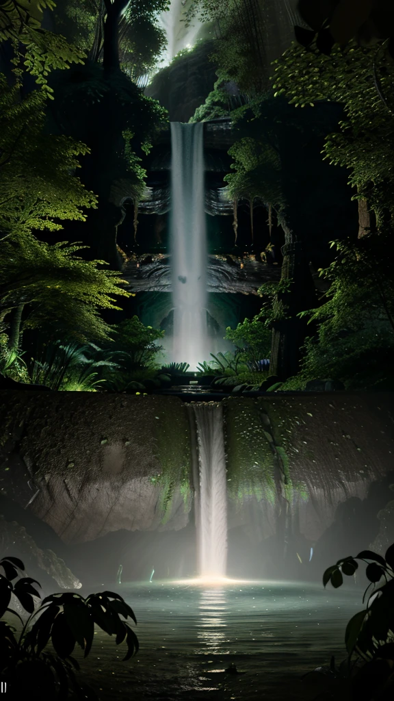 Envision a civilization near a glowing waterfall in a lush forest. Fantasy, another dimension. Hyperrealistic, UHD, HD, 8K,