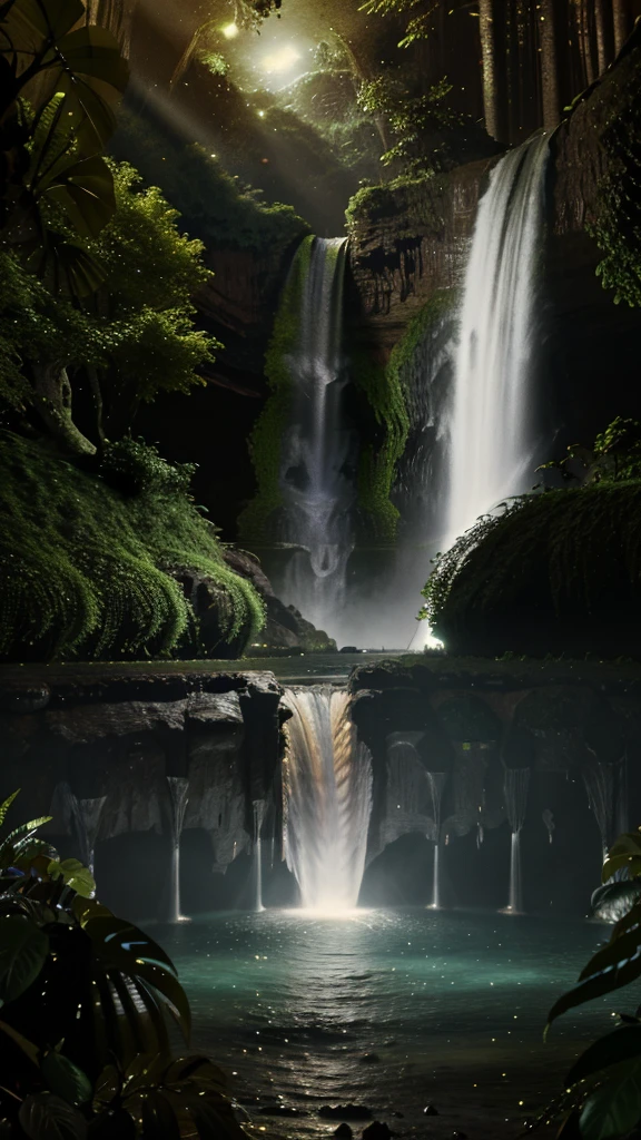 Envision a civilization near a glowing waterfall in a lush forest. Fantasy, another dimension. Hyperrealistic, UHD, HD, 8K,