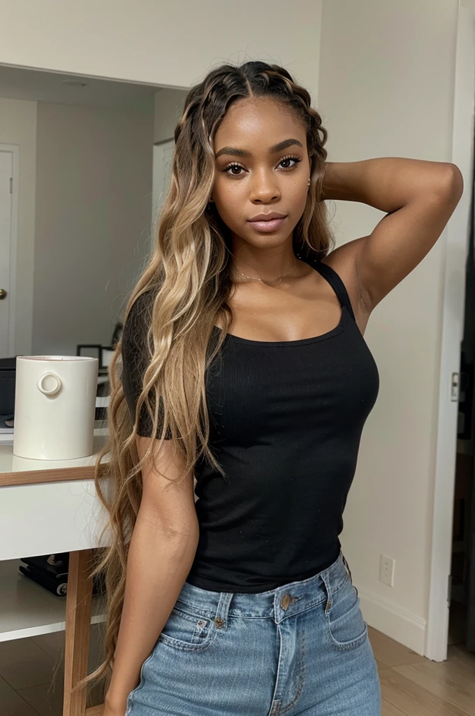 "Selfie of an African American woman with long, wavy blonde hair. She is wearing a fitted black top and casual jeans. Her makeup is flawless, highlighting her eyes with long eyelashes and luminous skin. The back shot shows a modern interior with minimalist decor, including a coffee table with a vase of white flowers. The photo is very realistic, capturing the details of her face, her hairstyle, and the mood of the room.