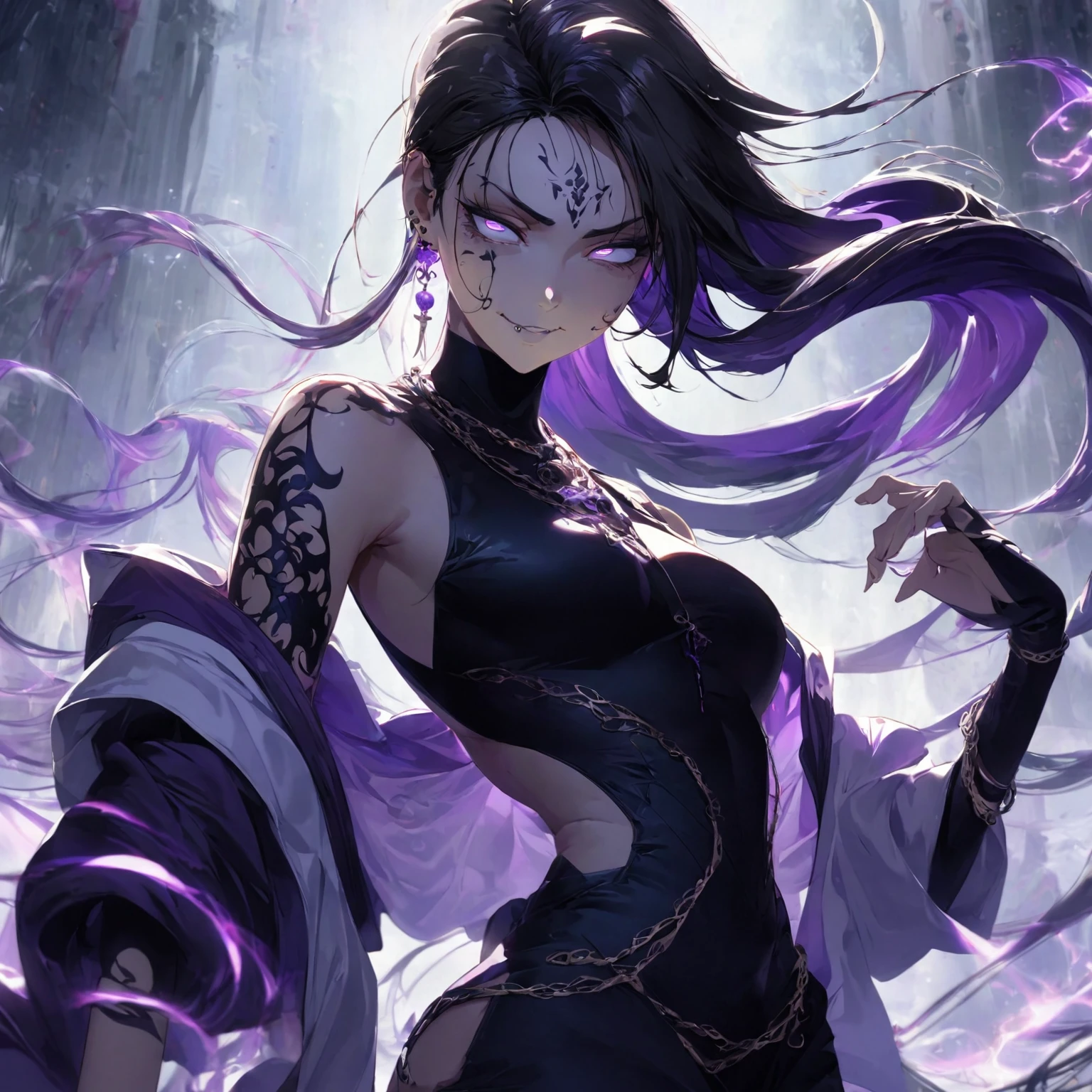 a woman with an athletic and agile physique, sharp facial features including a strong jawline and piercing eyes reflecting wisdom and intensity, long flowing hair with streaks of purple intertwined, dressed in a mix of modern and mystical attire blending dark colors with accents of purple, (nude:0.8) adorned with minimalistic yet significant accessories such as a necklace or bracelet with a small, intricate chain design. Pose her dynamically and confidently, conveying readiness for action while maintaining a natural appearance that suits her character. Express her with a conniving/scheming facial expression featuring narrowed, slanted eyes, a smirk or sly grin, and arched eyebrows. Set the scene in a dimly lit, mystical environment with wisps of energy swirling around her, hinting at her ability to manipulate souls with faint soul energies subtly depicted in the air. Illuminate softly to emphasize reflective surfaces of her attire and the glow of her eyes, overall evoking a sense of mystery and power, showcasing her as a formidable yet enigmatic woman deeply connected to the spiritual realm., detailed gorgeous face| anime style| key visual| intricate detail| highly detailed| breathtaking| vibrant| panoramic| cinematic| Carne Griffiths| Conrad Roset| gibbli 8k